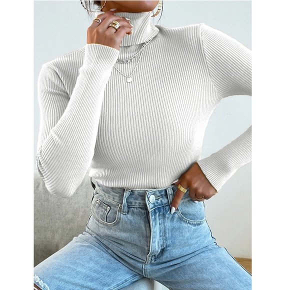 White Rib Knit Turtleneck Sweater Top Long Sleeve - Picture 4 of 8